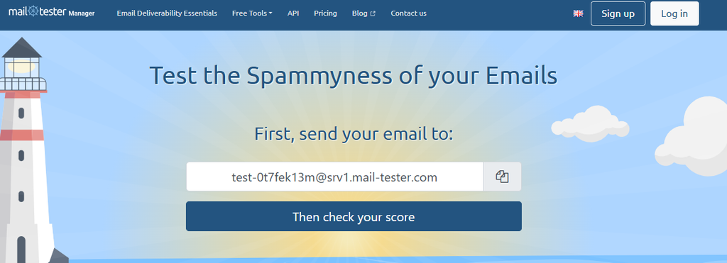 mail-testerの開始画面。テスト用メールアドレス、その右にコピーボタン、下に結果を確認するボタンが表示されている。